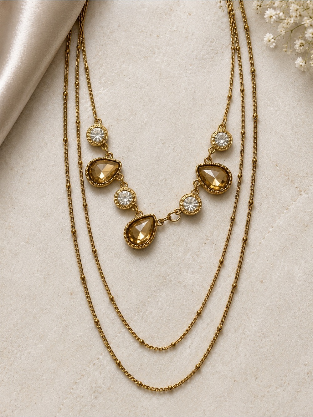Gold Layered Teardrop and Crystal Pendant Necklace - Women Jewelry - Picture 3 of 5